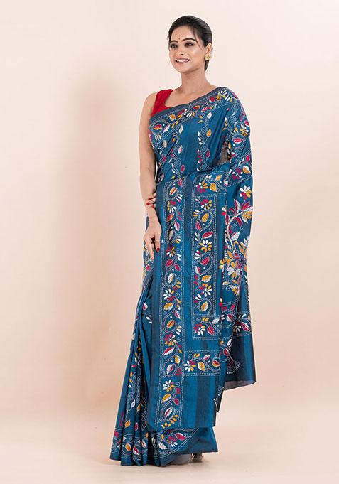 Teal Blue Kantha Work Blended Silk Saree Set