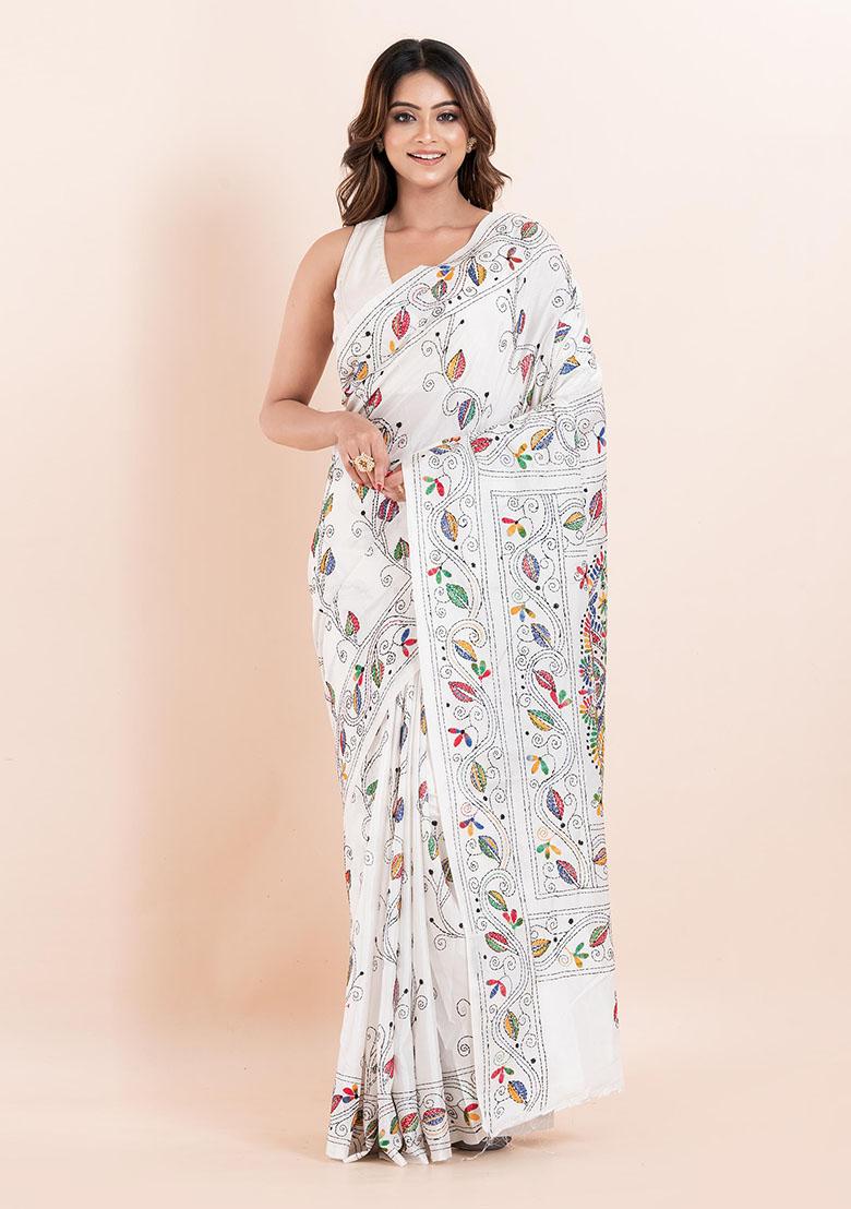 White Kantha Work Blended Silk Saree Set