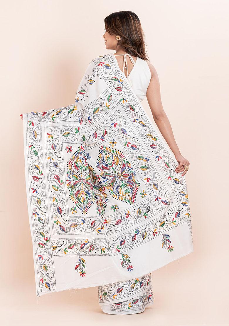 White Kantha Work Blended Silk Saree Set