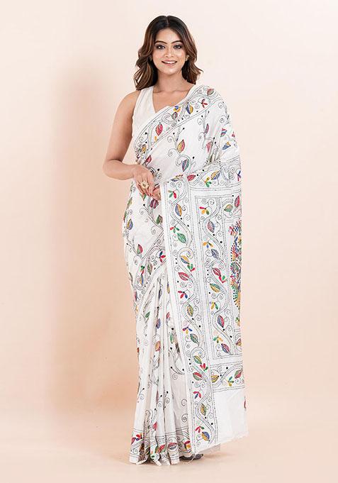 White Kantha Work Blended Silk Saree Set