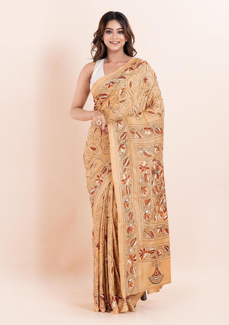 Beige Kantha Work Blended Silk Saree Set