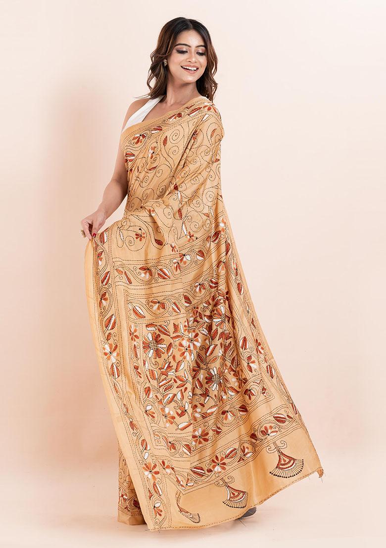 Beige Kantha Work Blended Silk Saree Set