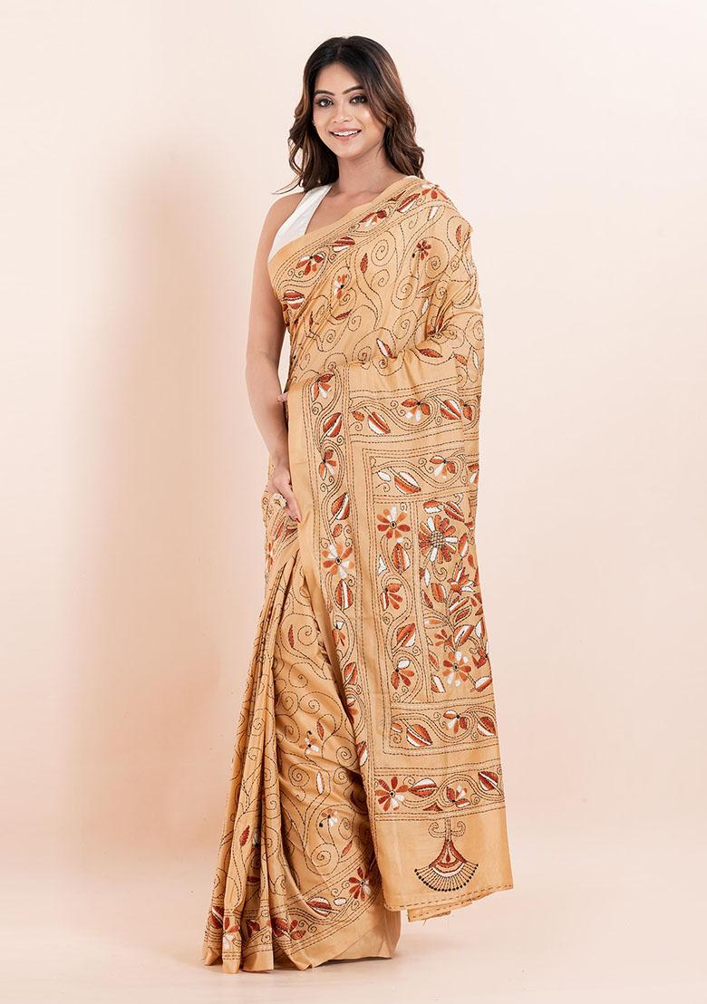 Beige Kantha Work Blended Silk Saree Set