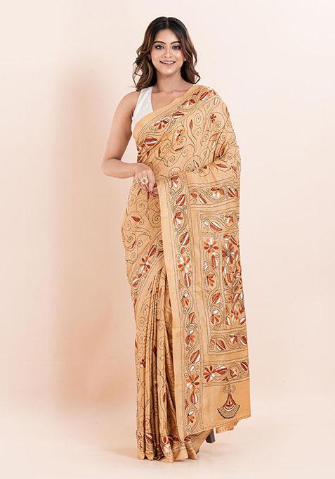 Beige Kantha Work Blended Silk Saree Set