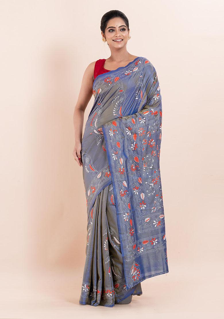 Multicolour Kantha Work Blended Silk Saree Set