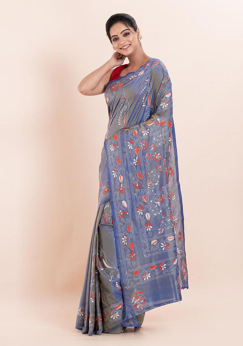 Multicolour Kantha Work Blended Silk Saree Set