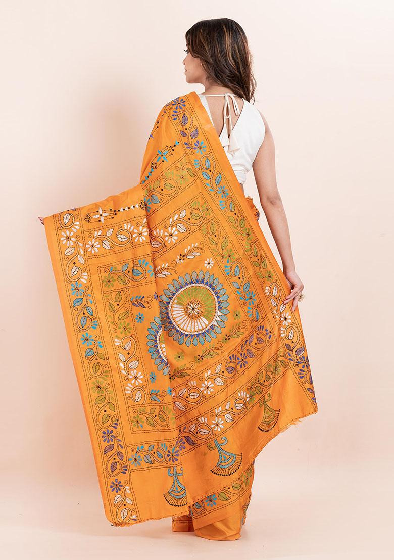 Mustard Yellow Kantha Work Blended Silk Saree Set