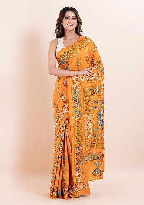 Mustard Yellow Kantha Work Blended Silk Saree Set