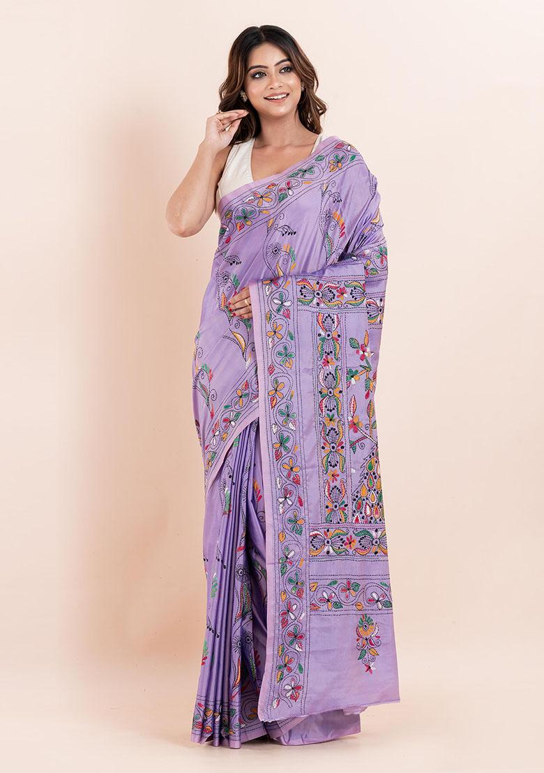 Mauve Purple Kantha Work Blended Silk Saree Set