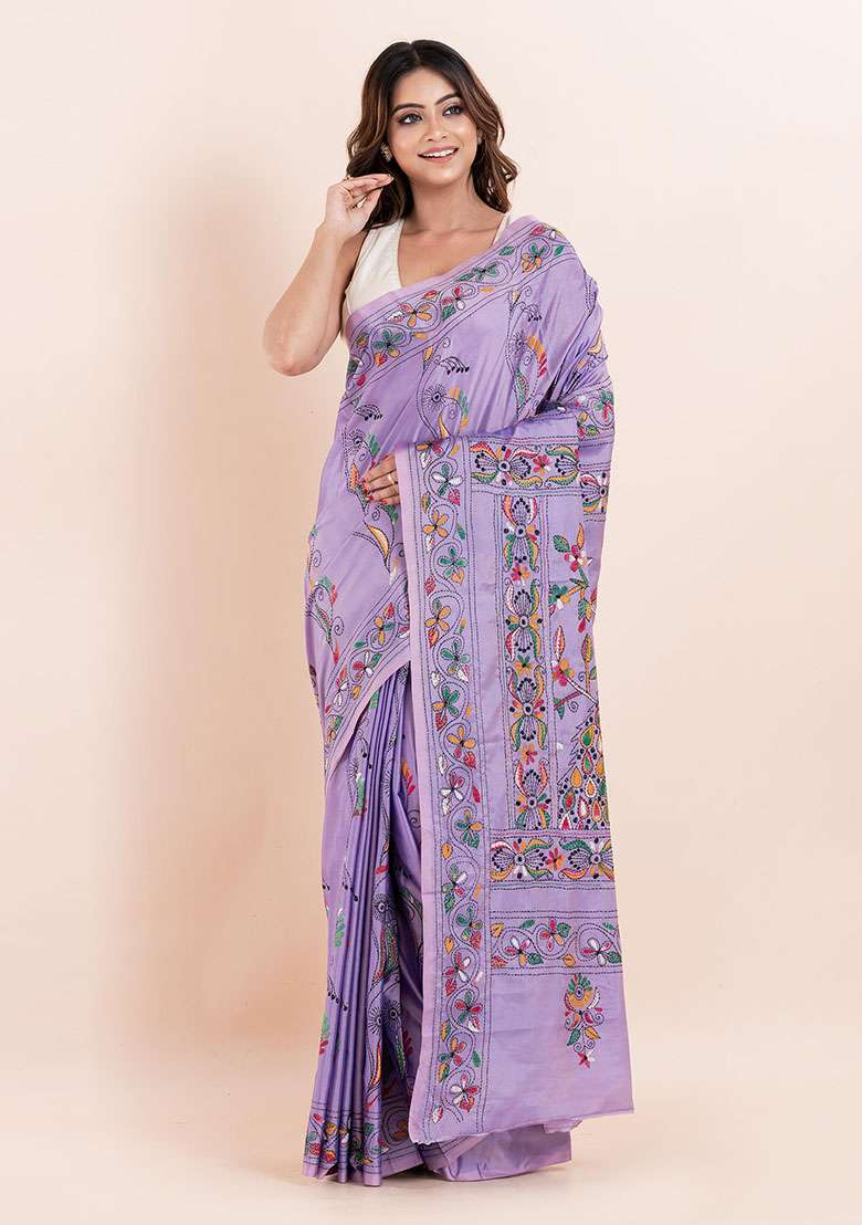 Mauve Purple Kantha Work Blended Silk Saree Set - Indya