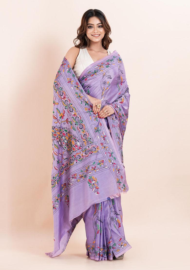 Mauve Purple Kantha Work Blended Silk Saree Set