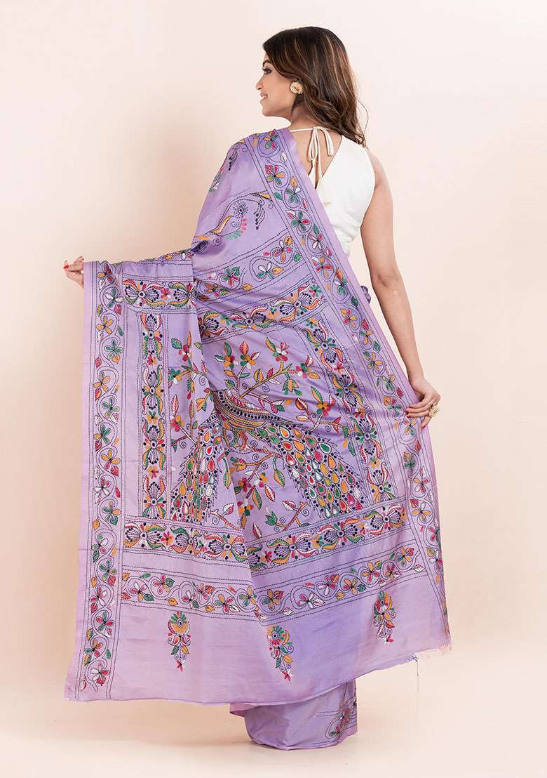Mauve Purple Kantha Work Blended Silk Saree Set - Indya