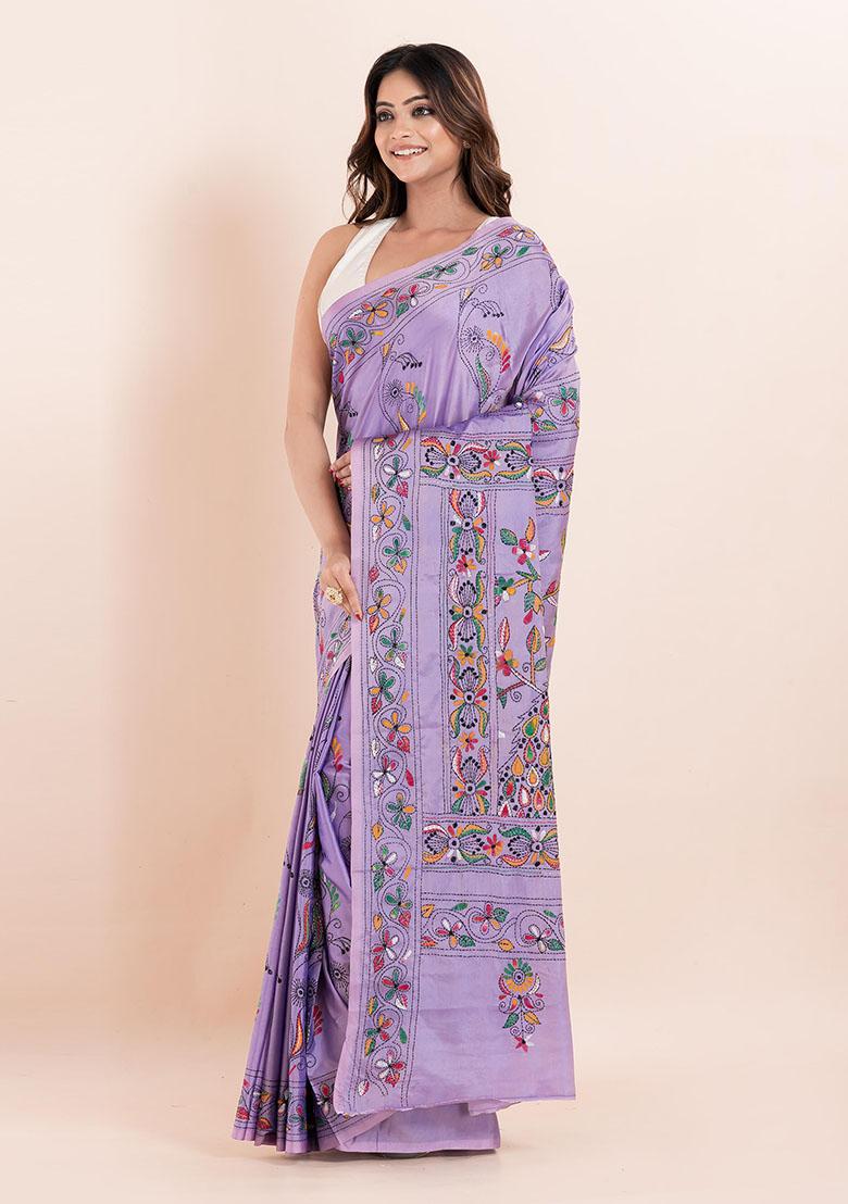 Mauve Purple Kantha Work Blended Silk Saree Set