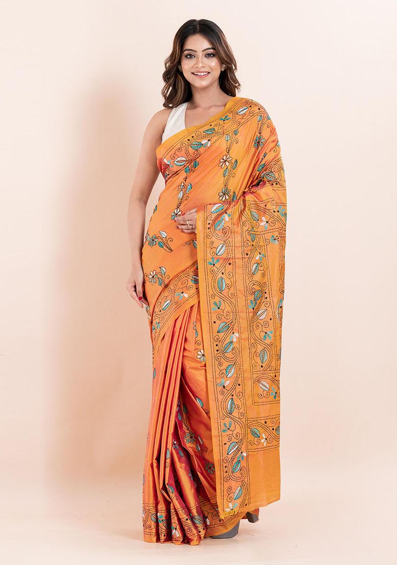 Mustard Yellow Kantha Work Blended Silk Saree Set