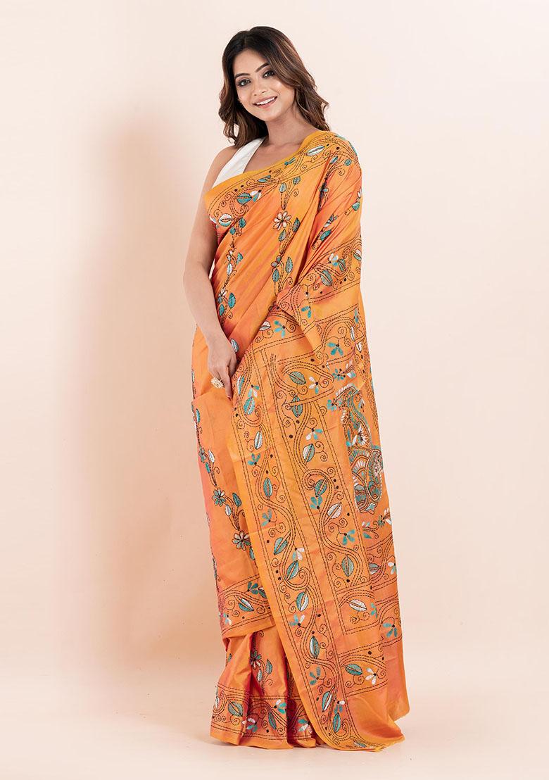 Mustard Yellow Kantha Work Blended Silk Saree Set