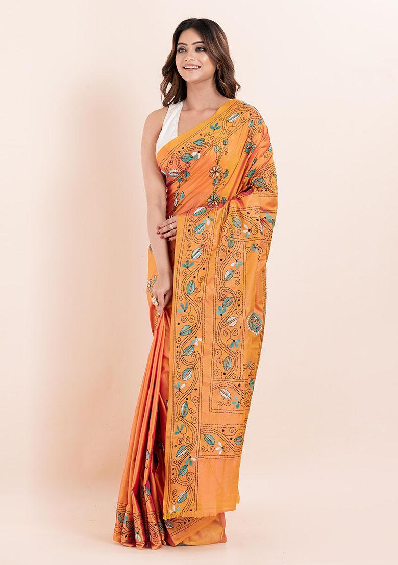 Mustard Yellow Kantha Work Blended Silk Saree Set