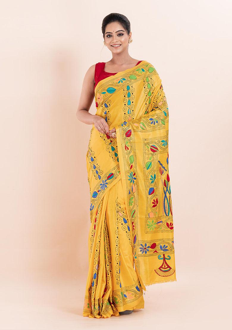 Yellow Kantha Work Blended Silk Saree Set