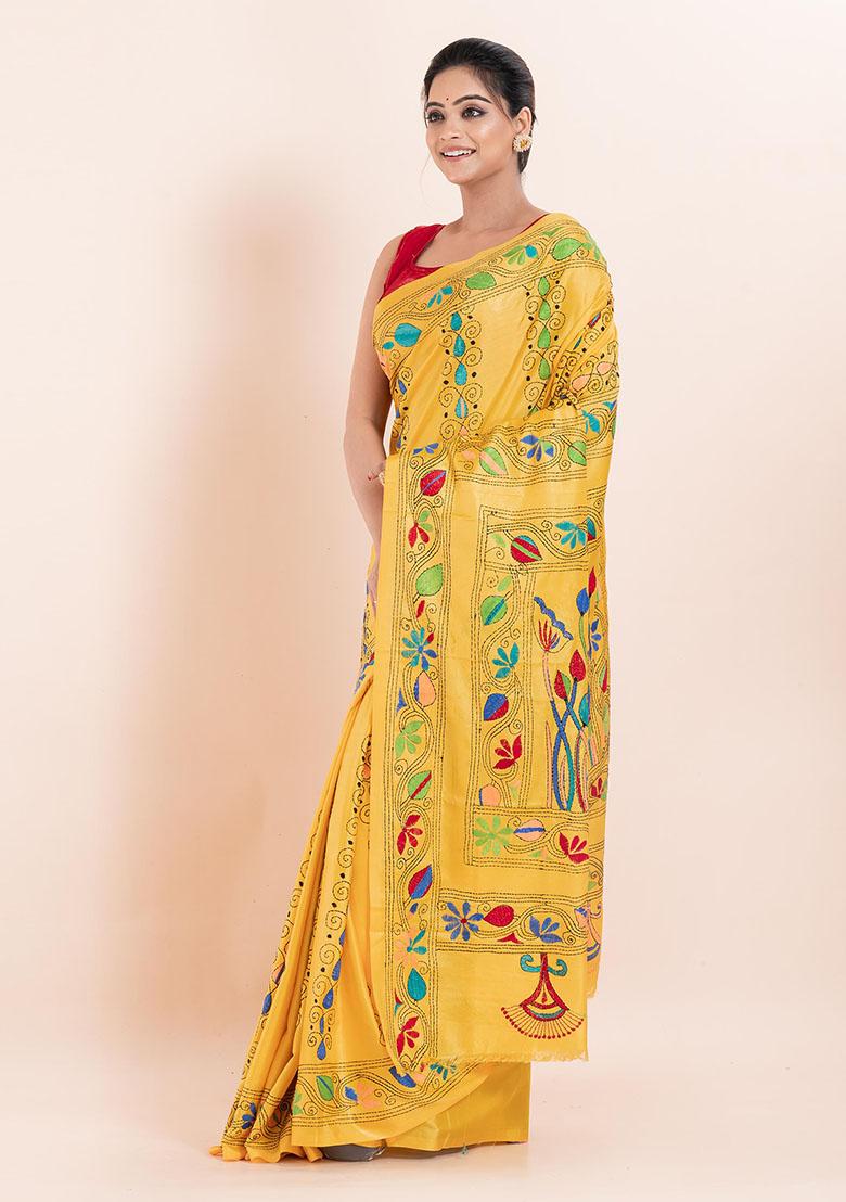 Yellow Kantha Work Blended Silk Saree Set
