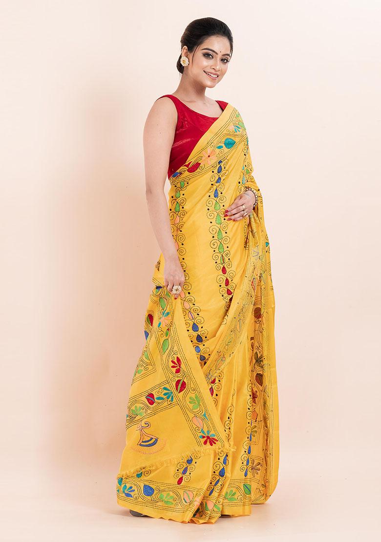 Yellow Kantha Work Blended Silk Saree Set