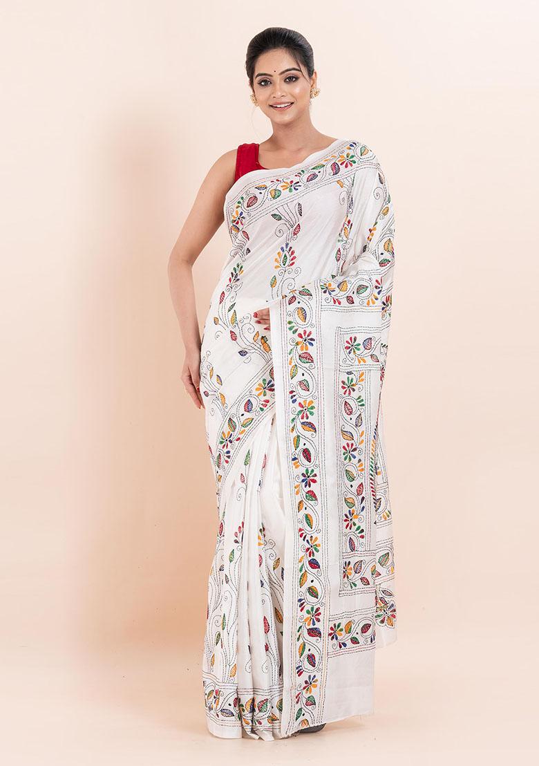 White Kantha Work Blended Silk Saree Set