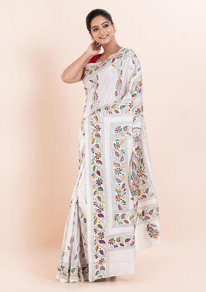 White Kantha Work Blended Silk Saree Set