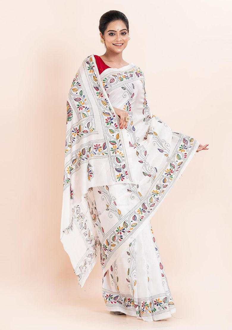 White Kantha Work Blended Silk Saree Set