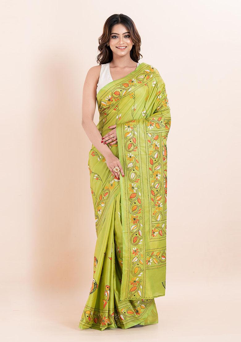 Green Kantha Work Blended Silk Saree Set
