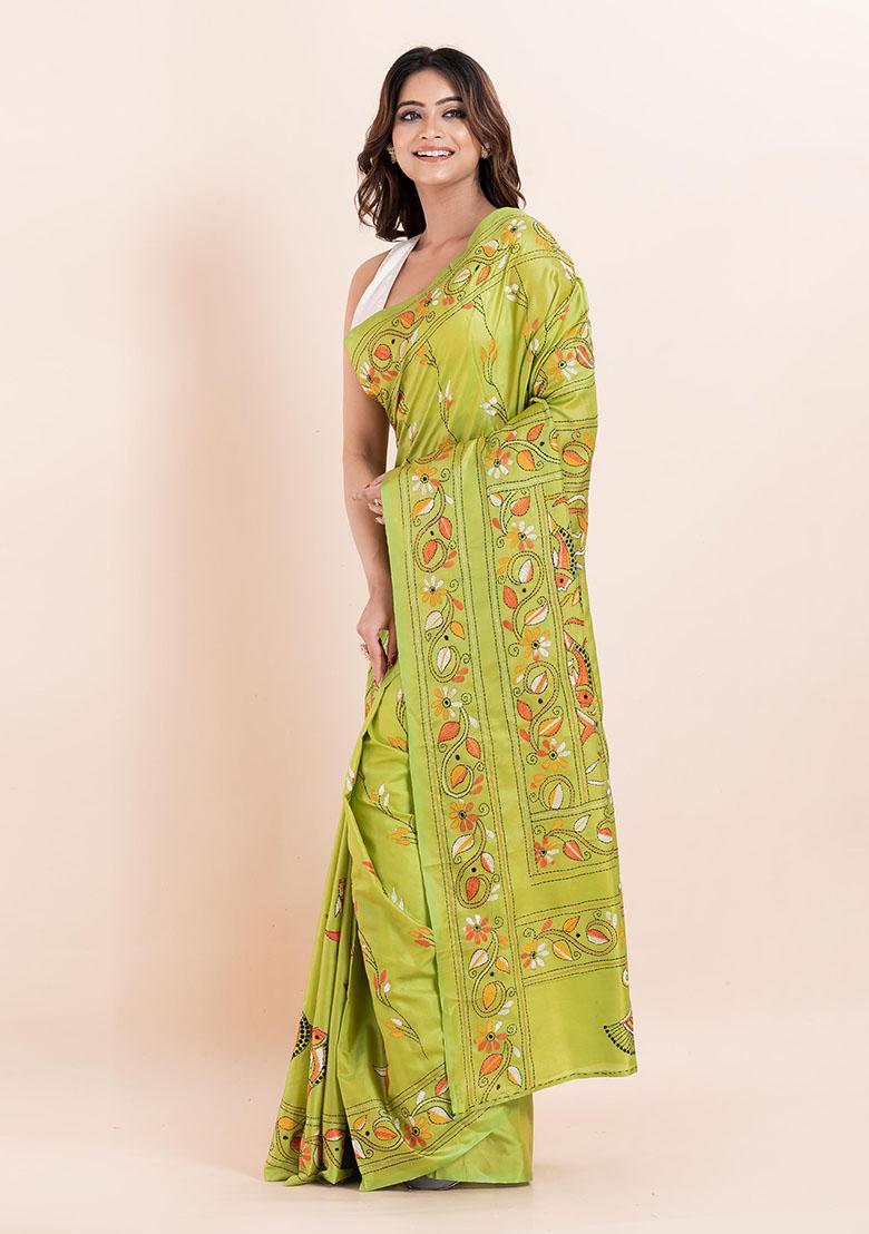 Green Kantha Work Blended Silk Saree Set