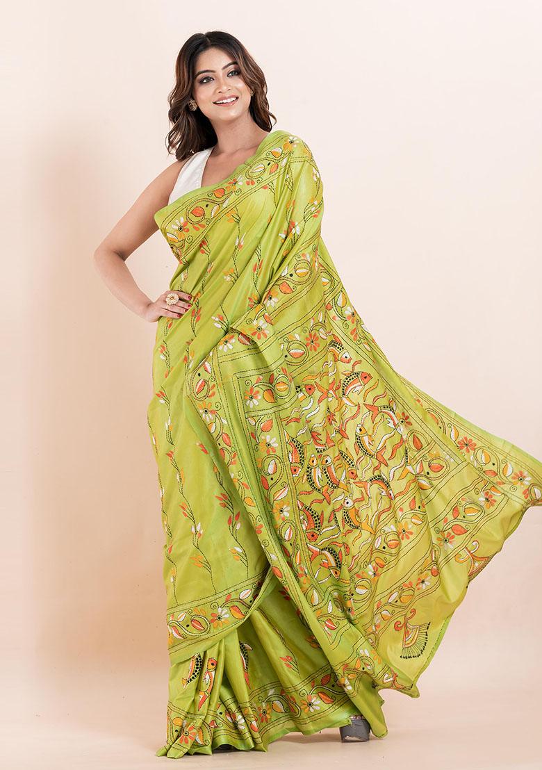 Green Kantha Work Blended Silk Saree Set