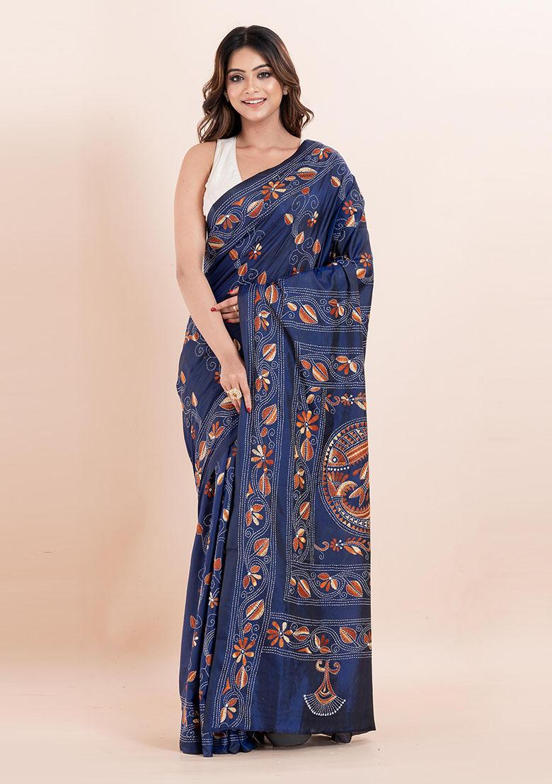 Blue Kantha Work Blended Silk Saree Set