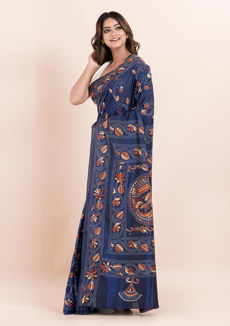 Blue Kantha Work Blended Silk Saree Set