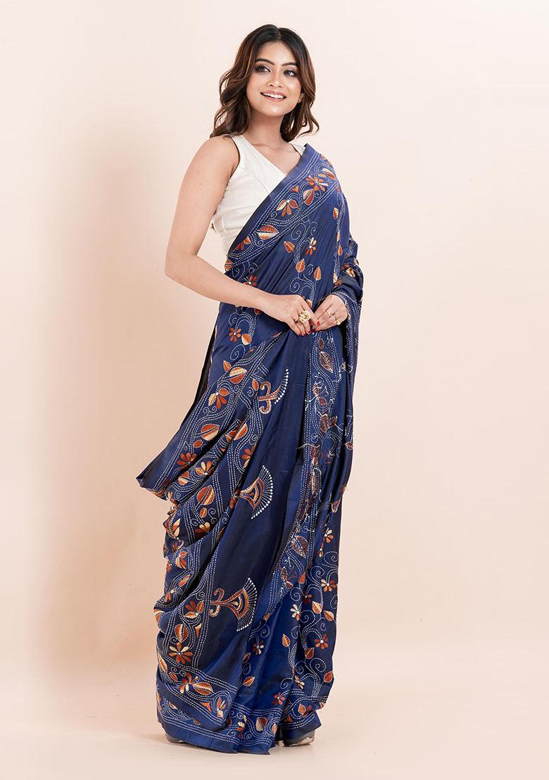 Blue Kantha Work Blended Silk Saree Set
