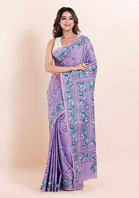 Mauve Purple Kantha Work Blended Silk Saree Set