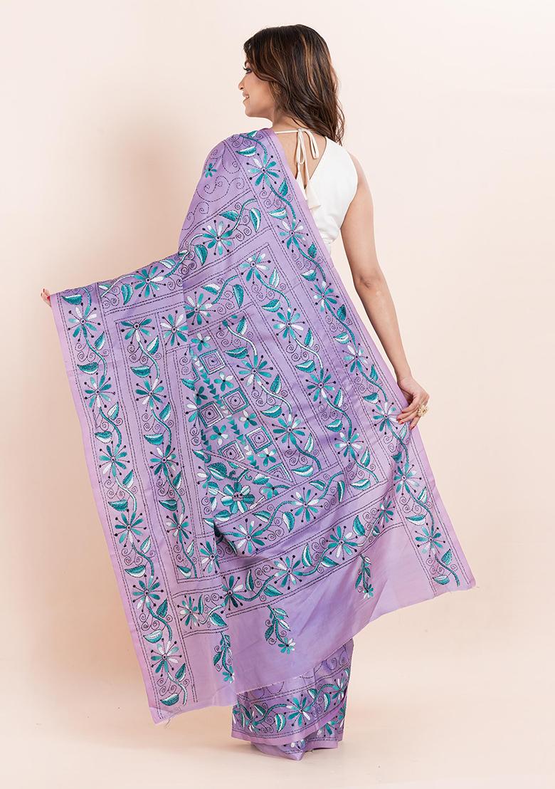 Mauve Purple Kantha Work Blended Silk Saree Set