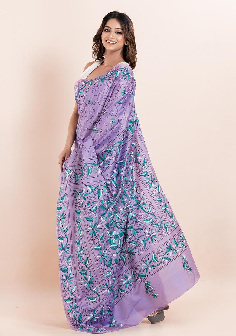 Mauve Purple Kantha Work Blended Silk Saree Set