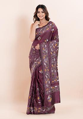 Multicolour Kantha Work Blended Silk Saree Set