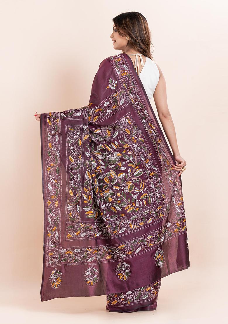Multicolour Kantha Work Blended Silk Saree Set