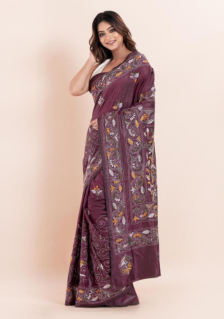 Multicolour Kantha Work Blended Silk Saree Set