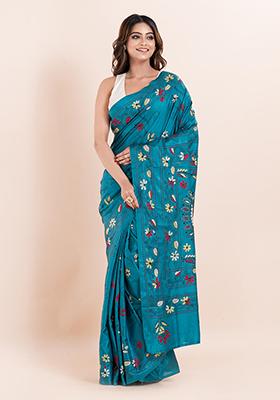 Teal Blue Kantha Work Blended Silk Saree Set