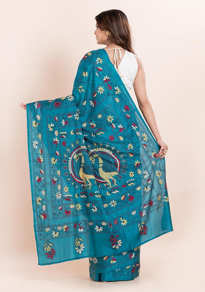 Teal Blue Kantha Work Blended Silk Saree Set