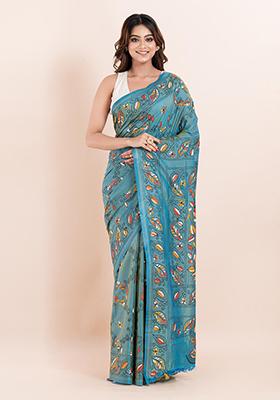 Teal Blue Kantha Work Blended Silk Saree Set