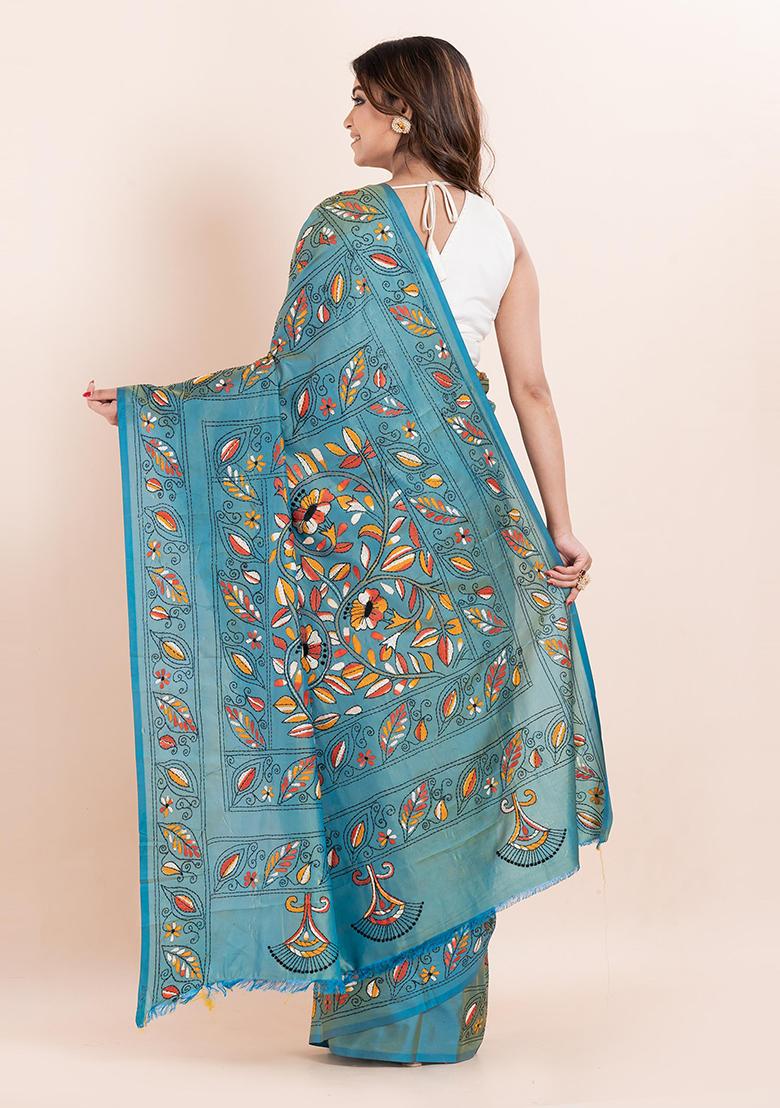 Teal Blue Kantha Work Blended Silk Saree Set