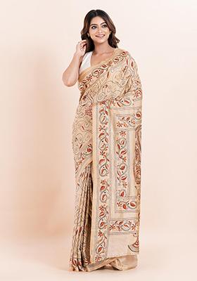 Beige Kantha Work Blended Silk Saree Set