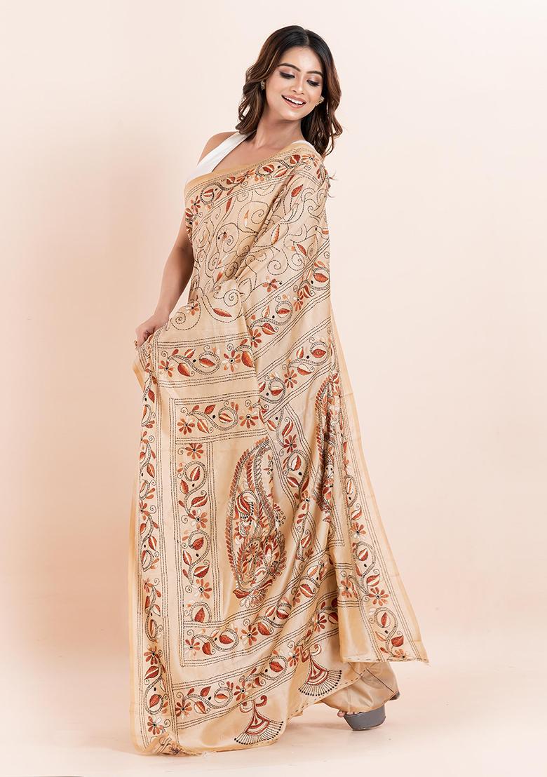 Beige Kantha Work Blended Silk Saree Set