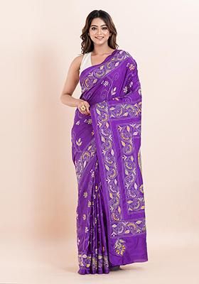 Purple Kantha Work Blended Silk Saree Set