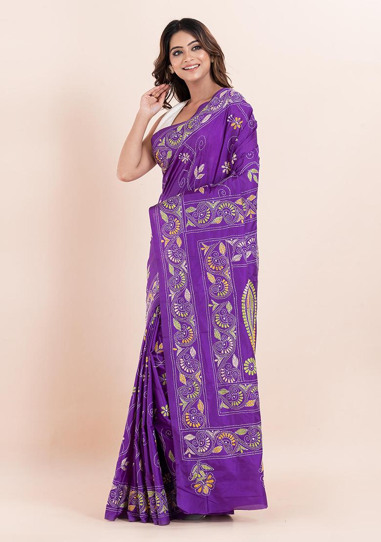 Purple Kantha Work Blended Silk Saree Set