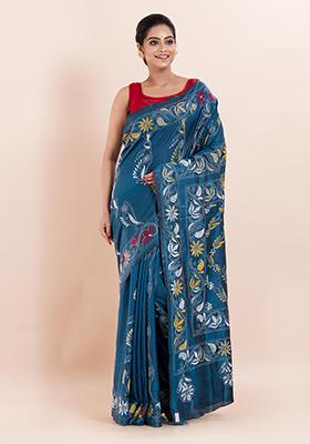 Teal Blue Kantha Work Blended Silk Saree Set