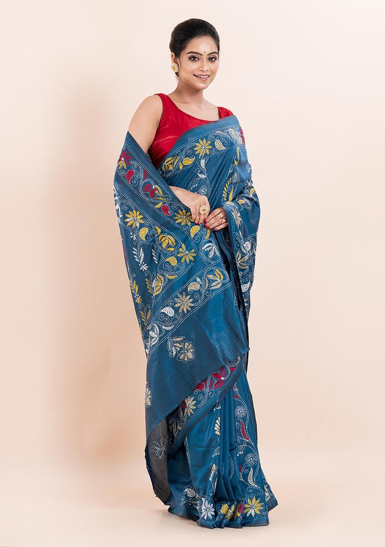 Teal Blue Kantha Work Blended Silk Saree Set