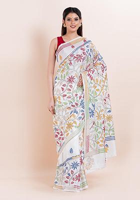 White Kantha Work Blended Silk Saree Set