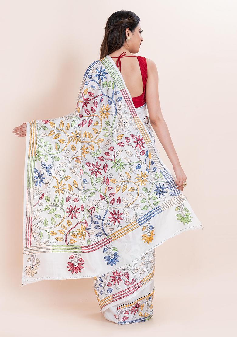 White Kantha Work Blended Silk Saree Set